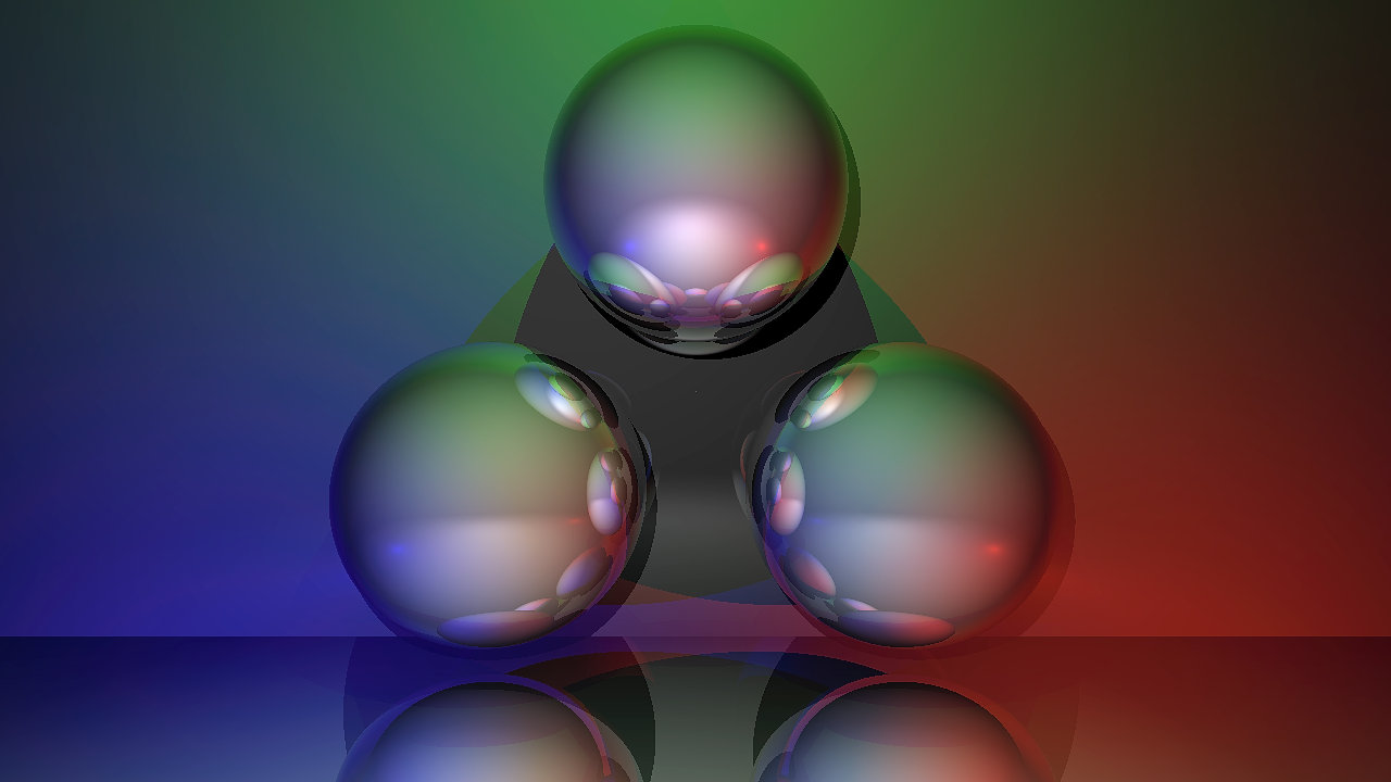 A screenshot of a simple ray traced scene with spheres and planes.